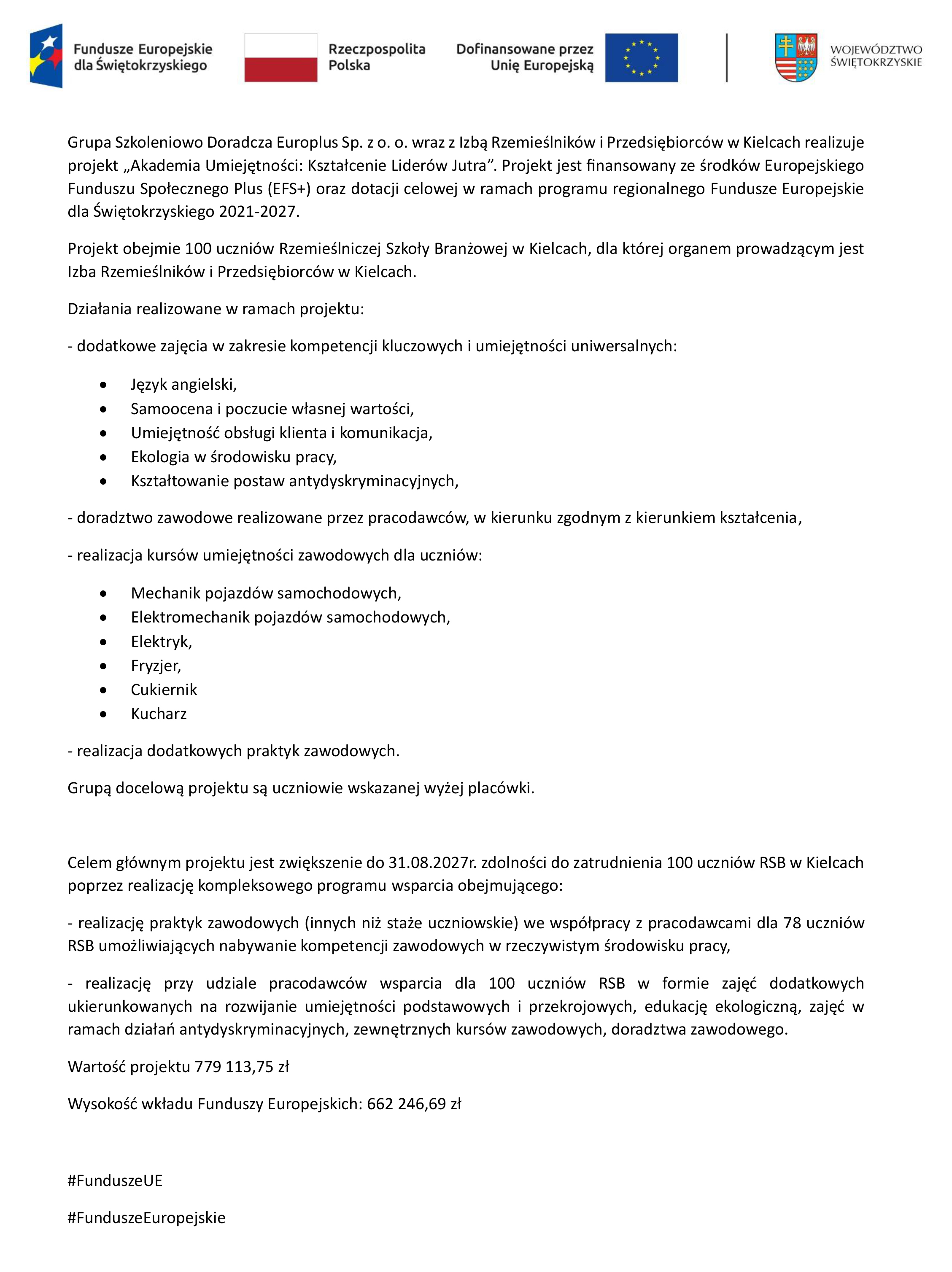 Informacja o projekcie - „Akademia Umiejętności: Kształcenie Liderów Jutra”